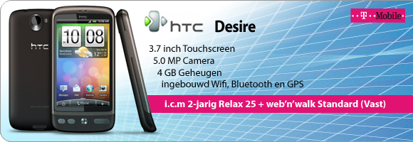 Gratis HTC Desire i.c.m. 2 jaar T-Mobile Relax 25 met onbeperkt internet
