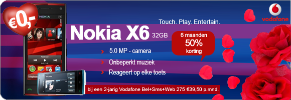 Gratis Nokia X6 bij een 2-jarig Vodafone Bel+Sms+Web 275
