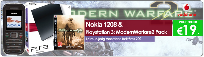 Nokia 1208 + Sony PS3 ModernWarfare 2 Pack i.c.m. 2-jarige Vodafone Bel+Sms 200