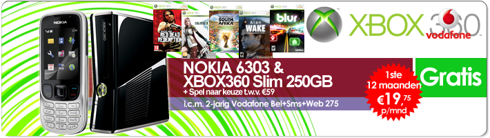 Gratis Nokia 6303 Classic +Xbox360 Slim 250GB & spel naar keuze t.w.v. €59.- i.c.m. 2-jarig Vodafone Bel+Sms+Web 275