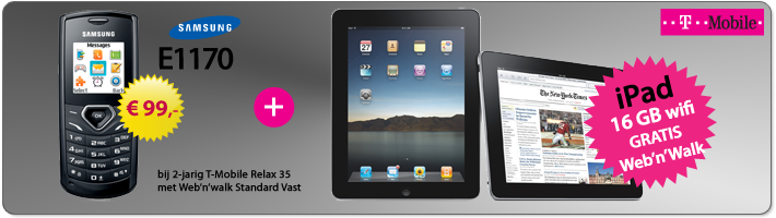 Samsung E1170 + Apple iPad 16GB Wifi i.c.m. 2-jarige T-Mobile Relax 35 + Web 'n' Walk Standard Vast
