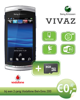 Nieuw! de Sony Ericsson Vivaz, helemaal gratis bij 2-jarig vodafone bel+sms 200 + gratis 8GB microsd kaart