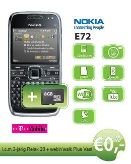 Gratis Nokia E72 i.c.m. 2 jaar T-Mobile Relax 20 + web'n'walk Plus Vast, tijdelijk gratis 8gb extra geheugen kaart er bij