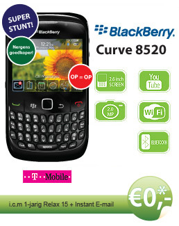 Super Stunt! Gratis Blackberry Curve 8520 icm 1 jaar T-Mobile Relax 15 + Instant E-mail OP=OP